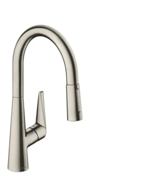 Hansgrohe Spültischmischer mit einem geschwungenen Auslauf und integrierter Ausziehbrause, in Edelstahl-Optik, geeignet für moderne Küchen.